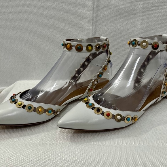 Aquazzura Byzantine Studded Leather Flat, White in size 37 EU, 6.5 US